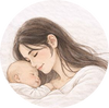 Illustration of a mother holding a baby with a soft, warm color palette.