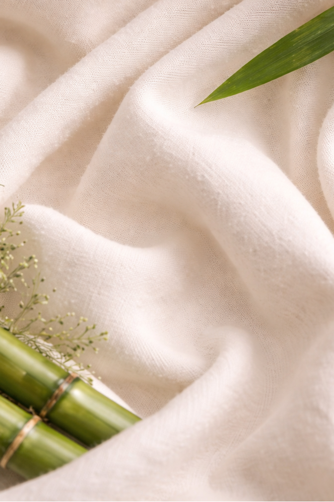 Beige fabric with green bamboo shoots and leaves